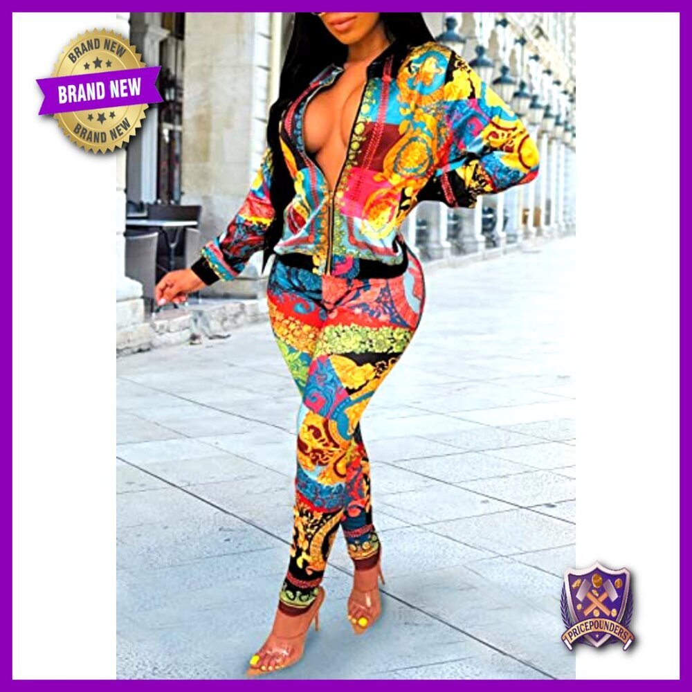 Floral Print 2-Piece Legging Set, Long Sleeve Zipper Jacket, High Waist Bodycon - Picture 2 of 7